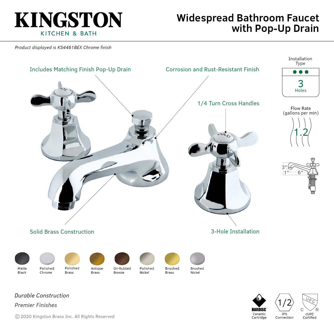 Kingston Tulare KS4462BEX - Essex Two-Handle 3-Hole Deck Mount Widespread Bathroom Faucet with Brass Pop-Up, Polished Brass — thumbnail 3